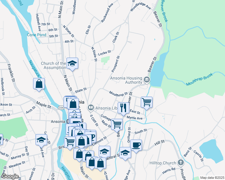 map of restaurants, bars, coffee shops, grocery stores, and more near 25 Moulthrop Street in Ansonia