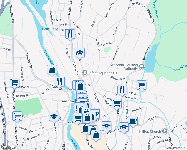 map of restaurants, bars, coffee shops, grocery stores, and more near 27 North State Street in Ansonia