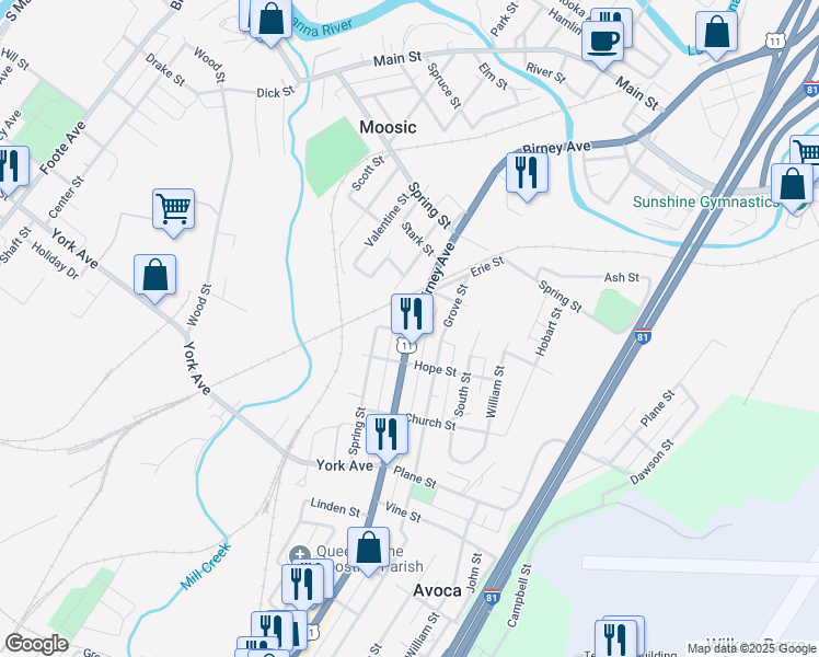 map of restaurants, bars, coffee shops, grocery stores, and more near 849-899 Carroll Street in Pittston