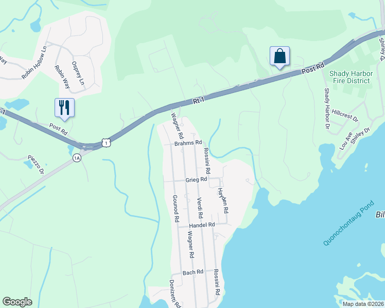 map of restaurants, bars, coffee shops, grocery stores, and more near 15 Verdi Road in Westerly