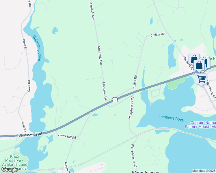 map of restaurants, bars, coffee shops, grocery stores, and more near 24 Montauk Avenue in Stonington
