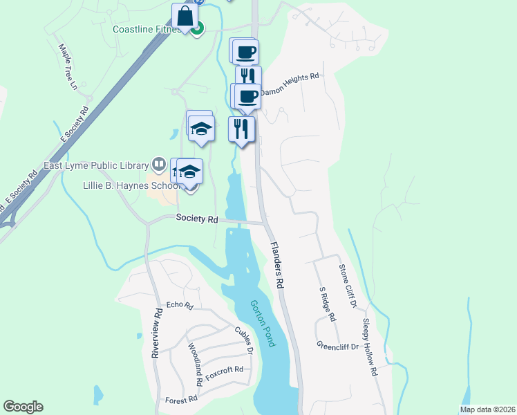 map of restaurants, bars, coffee shops, grocery stores, and more near 146 Connecticut 161 in East Lyme