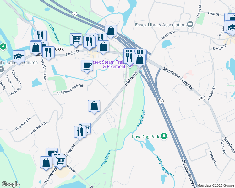 map of restaurants, bars, coffee shops, grocery stores, and more near 27 Plains Road in Essex