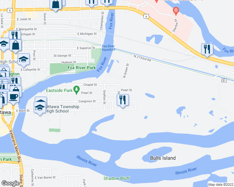 map of restaurants, bars, coffee shops, grocery stores, and more near 833 Pearl Street in Ottawa