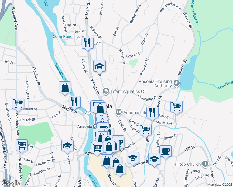 map of restaurants, bars, coffee shops, grocery stores, and more near 27 North State Street in Ansonia