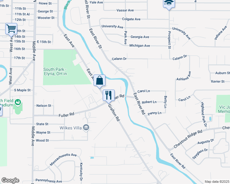 map of restaurants, bars, coffee shops, grocery stores, and more near 133 Fuller Road in Elyria