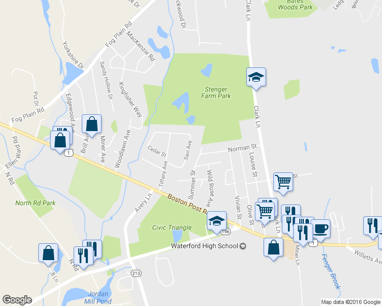 map of restaurants, bars, coffee shops, grocery stores, and more near 17 Savi Avenue in Waterford