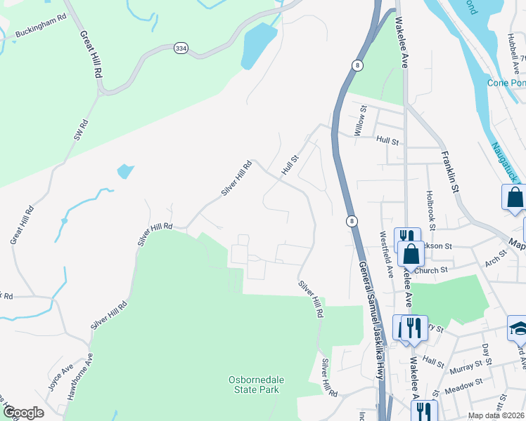 map of restaurants, bars, coffee shops, grocery stores, and more near 154 Hull Street in Ansonia