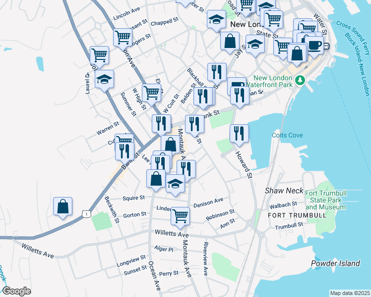 map of restaurants, bars, coffee shops, grocery stores, and more near 50 Montauk Avenue in New London