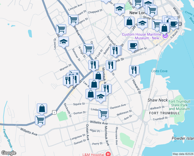 map of restaurants, bars, coffee shops, grocery stores, and more near 30 Ocean Avenue in New London