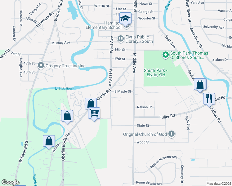 map of restaurants, bars, coffee shops, grocery stores, and more near 354 South Maple Street in Elyria