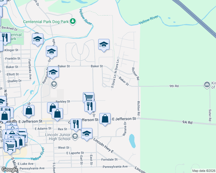map of restaurants, bars, coffee shops, grocery stores, and more near Illinois Street in Plymouth