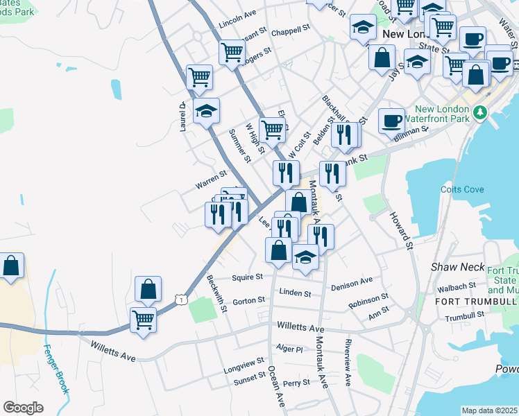 map of restaurants, bars, coffee shops, grocery stores, and more near 856 Bank St in New London