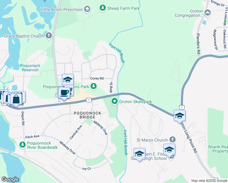 map of restaurants, bars, coffee shops, grocery stores, and more near 10 Ring Drive in Groton