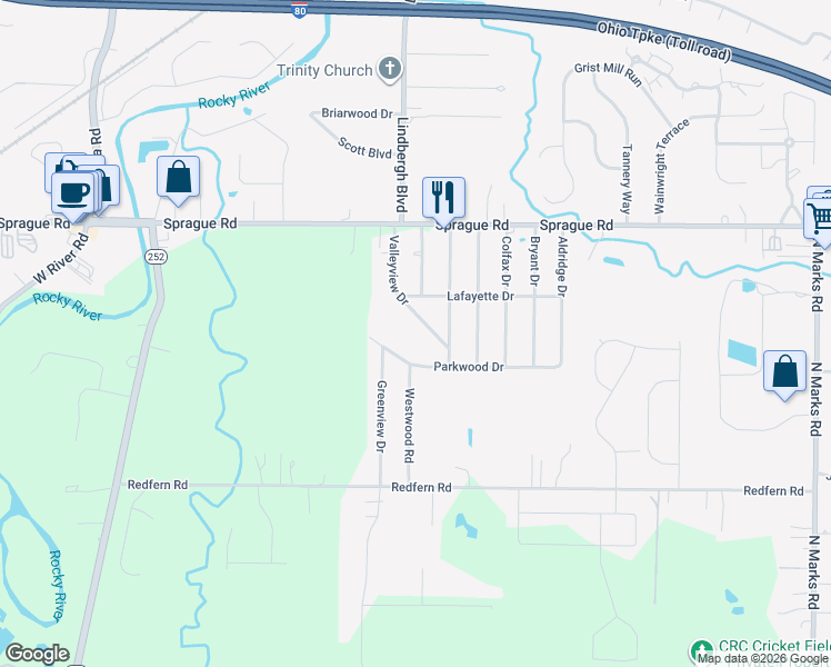 map of restaurants, bars, coffee shops, grocery stores, and more near 10116 Valleyview Drive in Columbia Station