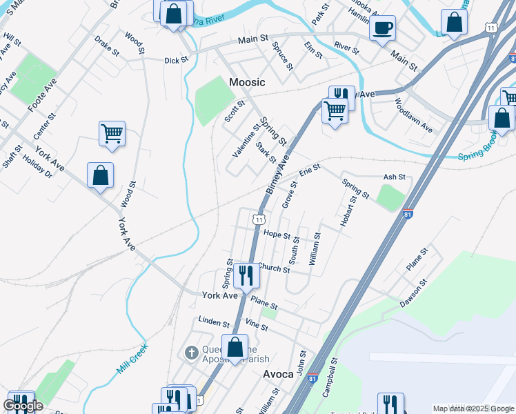 map of restaurants, bars, coffee shops, grocery stores, and more near 849 Carroll Street in Pittston