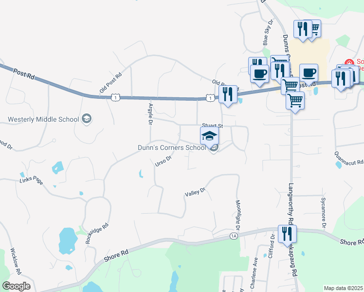 map of restaurants, bars, coffee shops, grocery stores, and more near 1 Plateau Road in Westerly