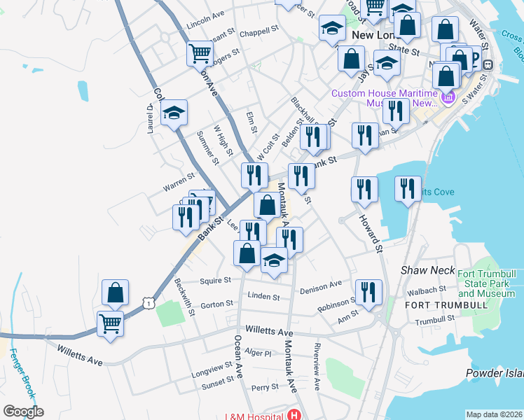 map of restaurants, bars, coffee shops, grocery stores, and more near 30 Ocean Avenue in New London