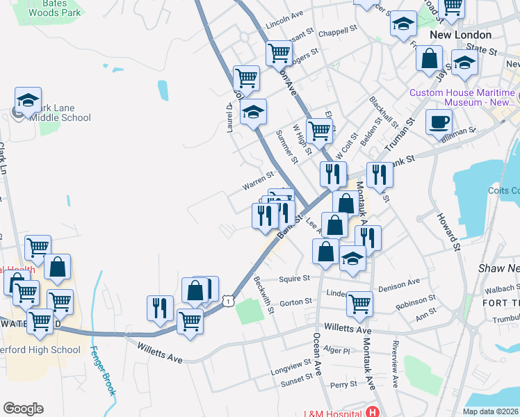 map of restaurants, bars, coffee shops, grocery stores, and more near 62 Cutler Street in New London