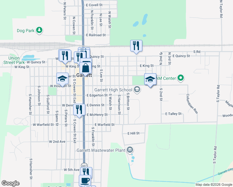 map of restaurants, bars, coffee shops, grocery stores, and more near 400 East Edgerton Street in Garrett