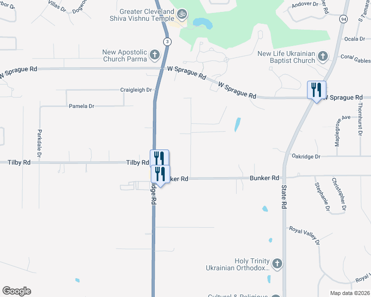 map of restaurants, bars, coffee shops, grocery stores, and more near 8442 Ridgedale Drive in North Royalton