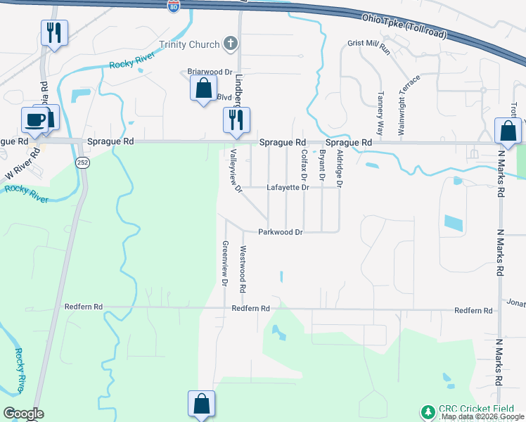 map of restaurants, bars, coffee shops, grocery stores, and more near 10145 Emerson Street in Columbia Station