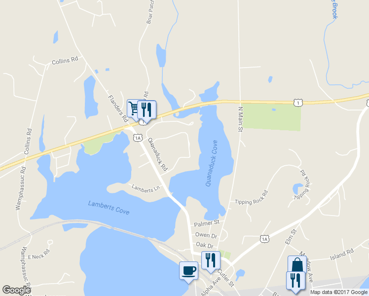 map of restaurants, bars, coffee shops, grocery stores, and more near 35 Quanaduck Road in Stonington