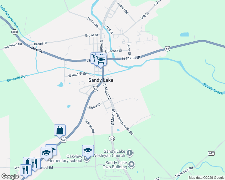 map of restaurants, bars, coffee shops, grocery stores, and more near 3222 South Main Street in Sandy Lake