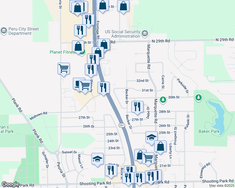 map of restaurants, bars, coffee shops, grocery stores, and more near 3013 Independence Drive in Peru