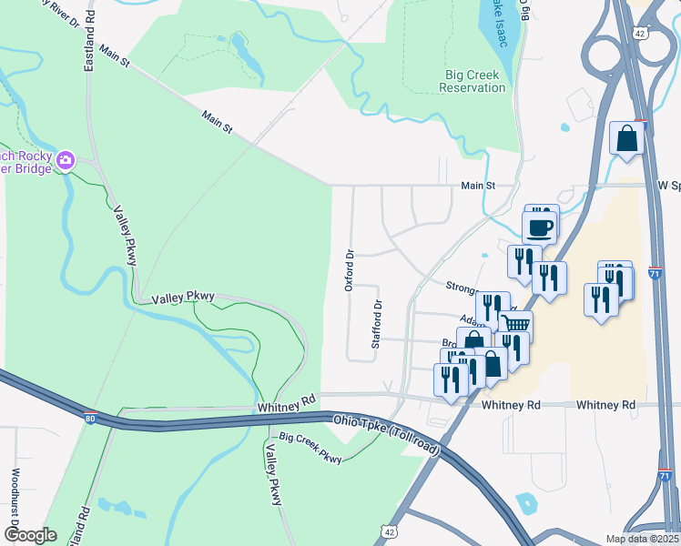 map of restaurants, bars, coffee shops, grocery stores, and more near 8380 Oxford Drive in Strongsville