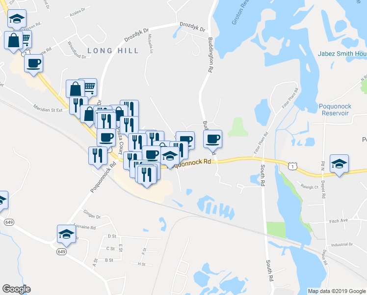 map of restaurants, bars, coffee shops, grocery stores, and more near 36 Laurelwood Rd in Groton