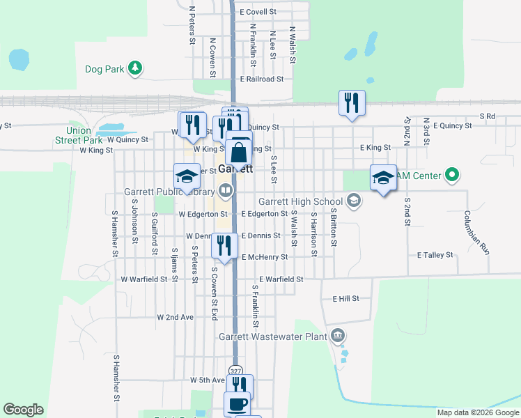 map of restaurants, bars, coffee shops, grocery stores, and more near 200-298 East Edgerton Street in Garrett