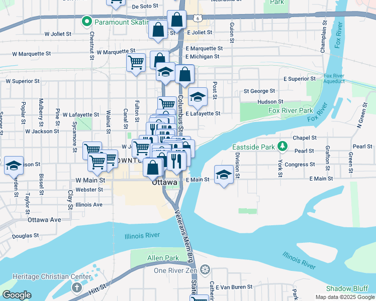map of restaurants, bars, coffee shops, grocery stores, and more near 111 East Jefferson Street in Ottawa