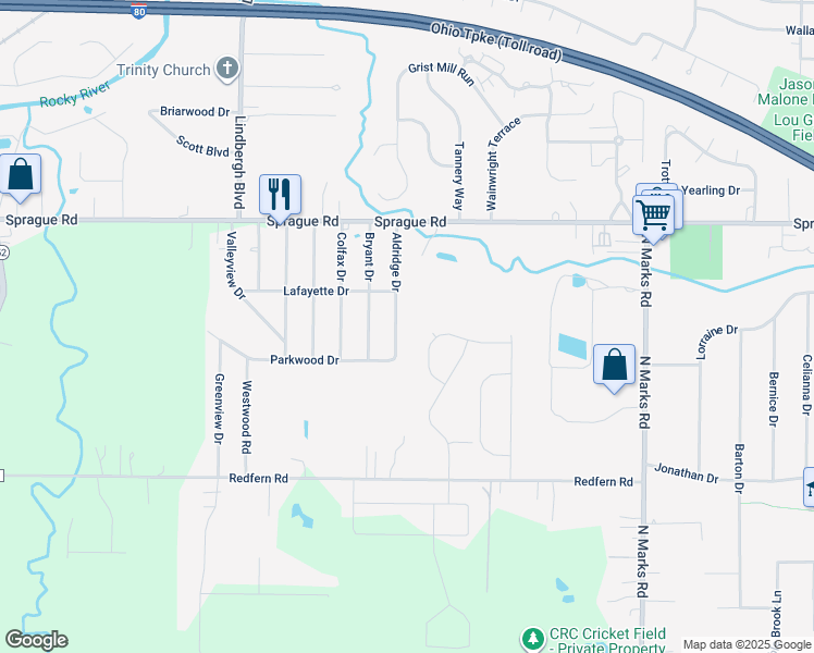 map of restaurants, bars, coffee shops, grocery stores, and more near 10123 Aldridge Drive in Columbia Station