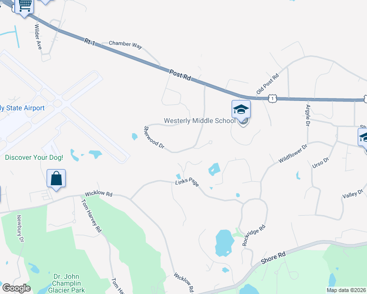 map of restaurants, bars, coffee shops, grocery stores, and more near 56 Sherwood Drive in Westerly