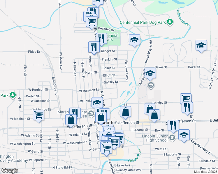 map of restaurants, bars, coffee shops, grocery stores, and more near 115 East Harrison Street in Plymouth