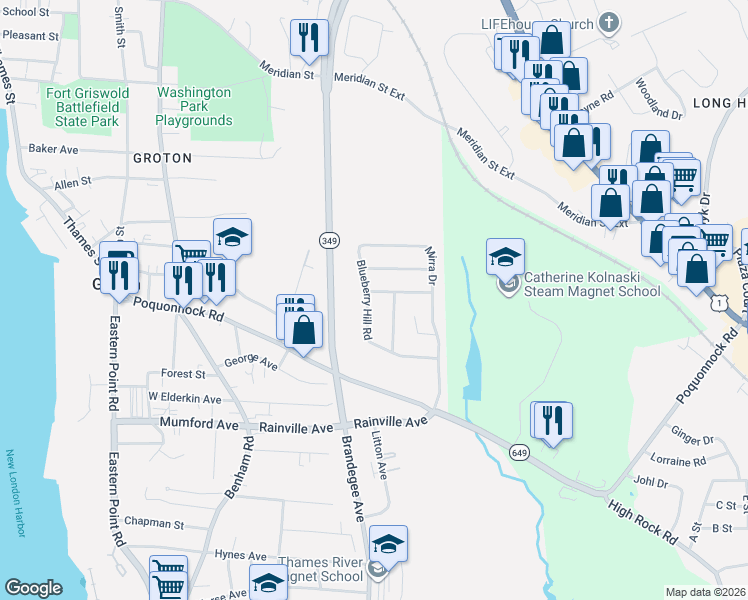map of restaurants, bars, coffee shops, grocery stores, and more near 80 Blueberry Hill Road in Groton