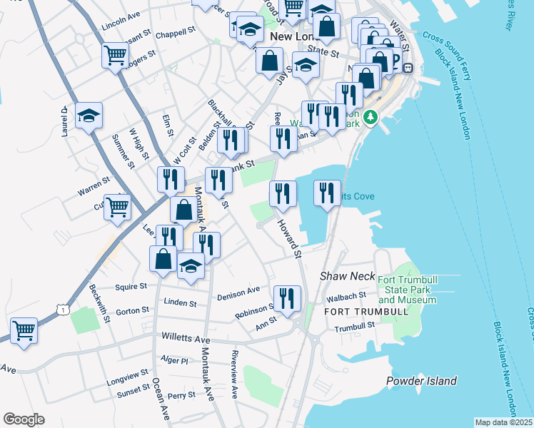 map of restaurants, bars, coffee shops, grocery stores, and more near 5 Shaws Cove in New London