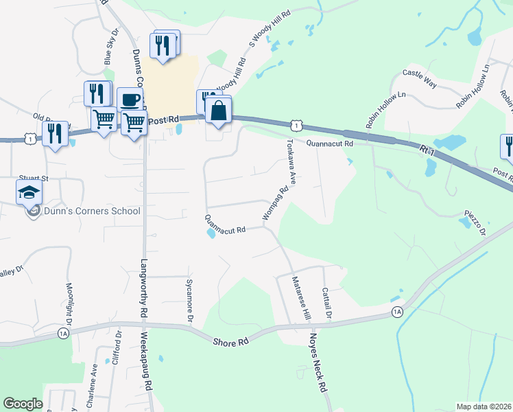 map of restaurants, bars, coffee shops, grocery stores, and more near 4 Wetomachick Ave in Westerly