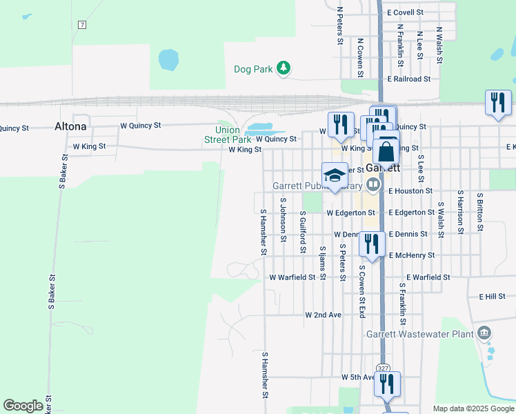 map of restaurants, bars, coffee shops, grocery stores, and more near 314 South Hamsher Street in Garrett