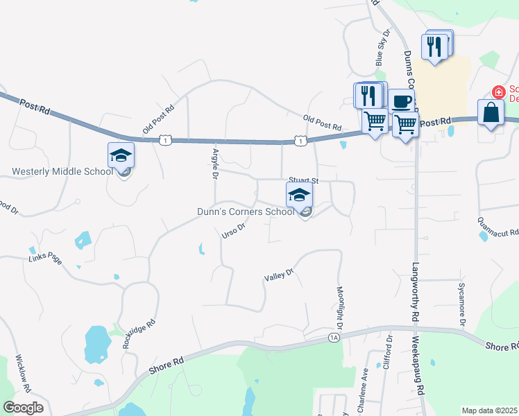 map of restaurants, bars, coffee shops, grocery stores, and more near 1 Plateau Road in Westerly
