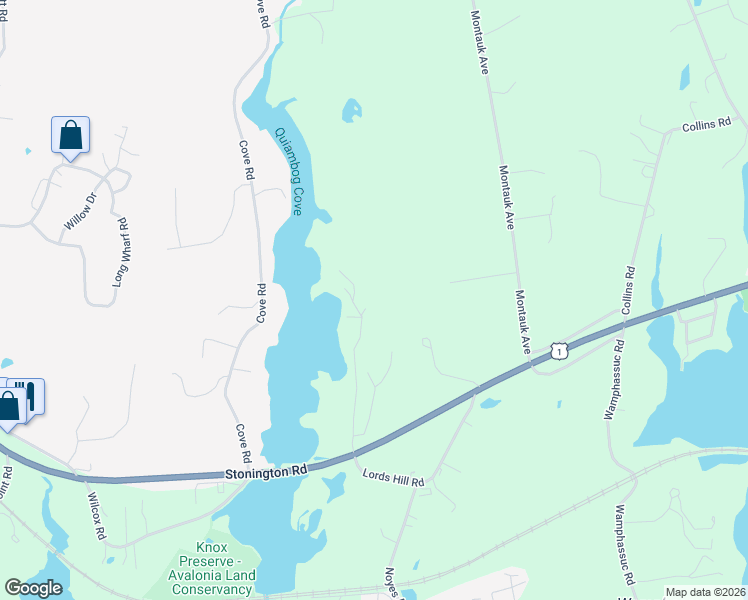 map of restaurants, bars, coffee shops, grocery stores, and more near 48 Wilbur Road in Stonington