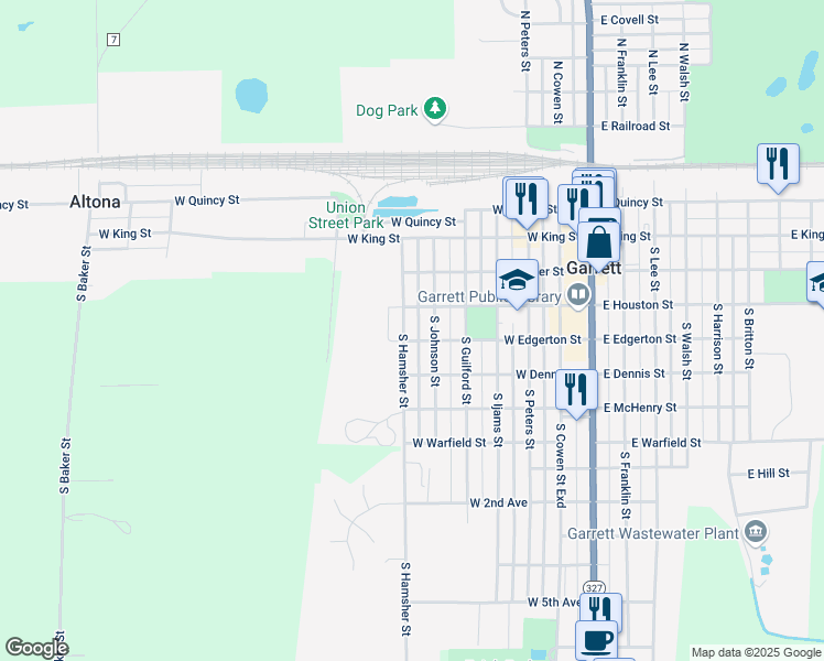 map of restaurants, bars, coffee shops, grocery stores, and more near 314 South Hamsher Street in Garrett