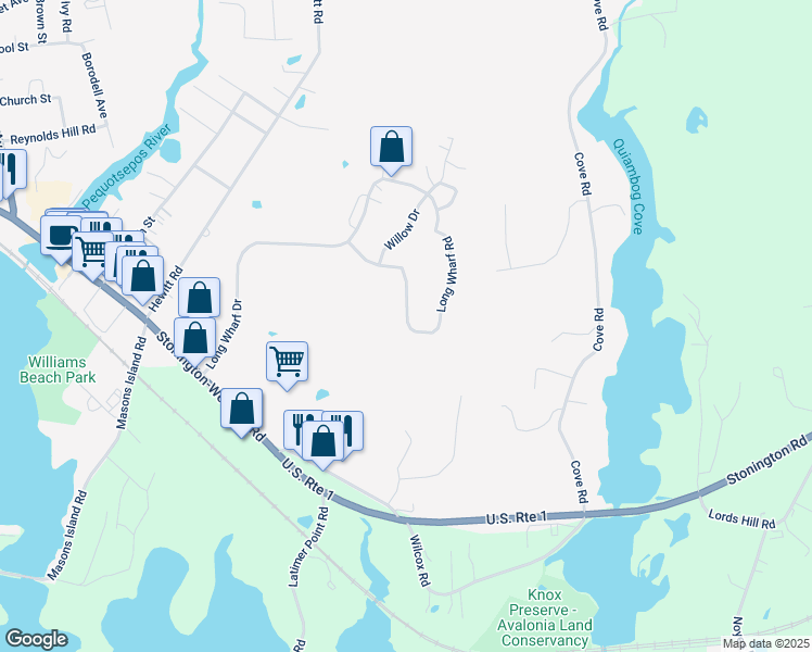 map of restaurants, bars, coffee shops, grocery stores, and more near 168 Long Wharf Road in Stonington