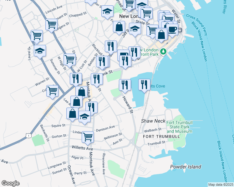 map of restaurants, bars, coffee shops, grocery stores, and more near 5 Shaws Cove in New London