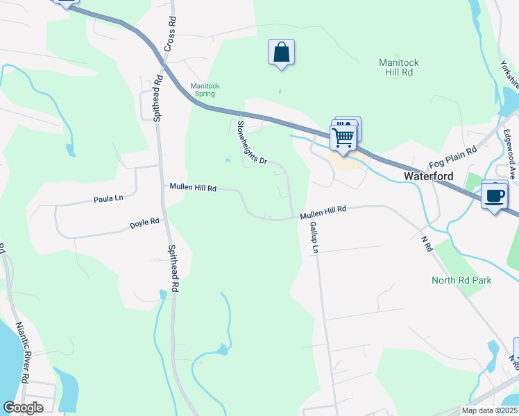 map of restaurants, bars, coffee shops, grocery stores, and more near 69 Mullen Hill Road in Waterford