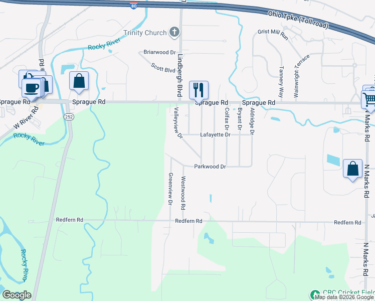 map of restaurants, bars, coffee shops, grocery stores, and more near 10116 Valleyview Drive in Columbia Station