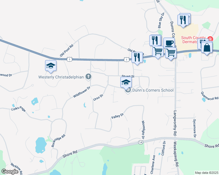 map of restaurants, bars, coffee shops, grocery stores, and more near 1 Plateau Road in Westerly
