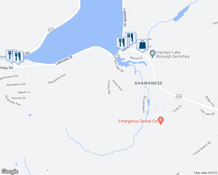 map of restaurants, bars, coffee shops, grocery stores, and more near Trolley Hill in Harveys Lake