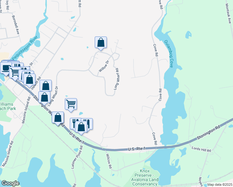 map of restaurants, bars, coffee shops, grocery stores, and more near 184 Long Wharf Drive in Stonington